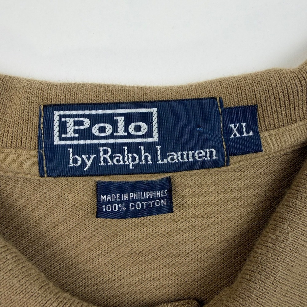 Vintage Polo Ralph Lauren Pique Polo Shirt Mens XL Tan Blue Pony Short Sleeve - Picture 3 of 7